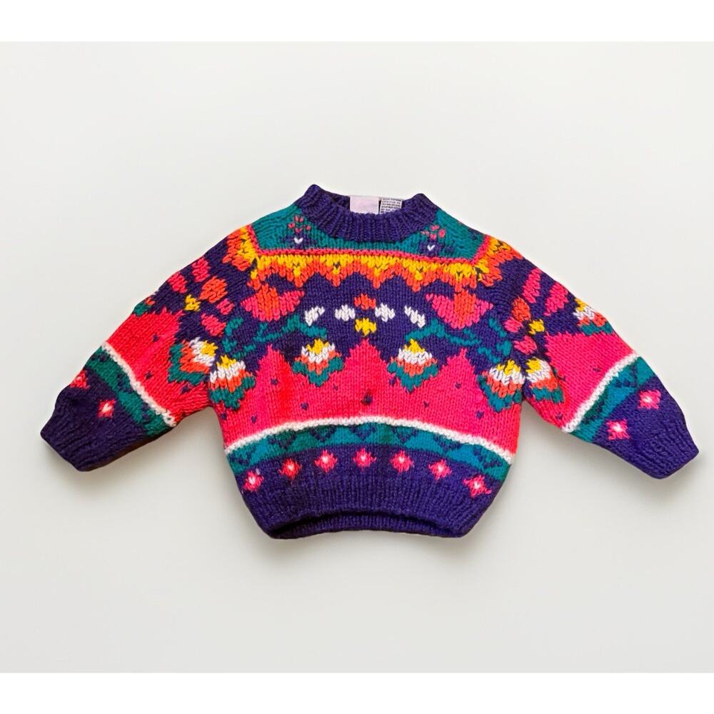 Vintage Mine Alone Toddler Sweater 2T Hand Knit Bright Colorful 90s Kids